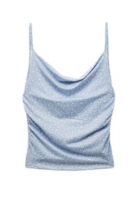 Kukallinen printtikauluspaita vaaleansinisessä värissä, jossa on ohuet hihnat, pehmeä tiputus ja rypytetyt sivut rakenteen aikaansaamiseksi. Valmistettu kevyestä kankaasta.