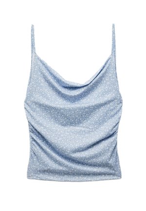 Bloemmotief camisole in lichtblauw, met dunne banden, zachte draping en gerimpelde zijkanten voor textuur. Gemaakt van lichtgewicht stof.