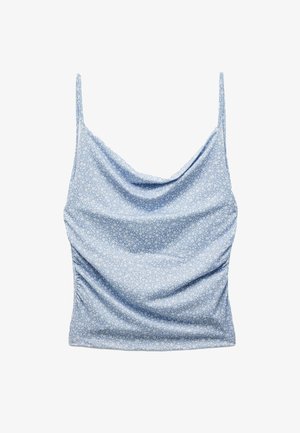 Bloemmotief camisole in lichtblauw, met dunne banden, zachte draping en gerimpelde zijkanten voor textuur. Gemaakt van lichtgewicht stof.