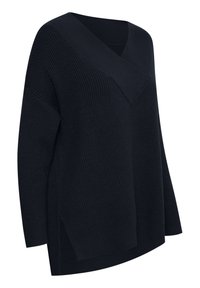 Pull en maille côtelée bleu marine foncé avec col en V, manches longues et fentes latérales, présenté sur fond blanc.