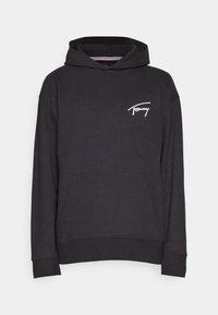 Hoodie nero in cotone con tasca frontale, polsini e orlo a costine. Presenta un logo in bianco con scritta sul petto. Design classico.