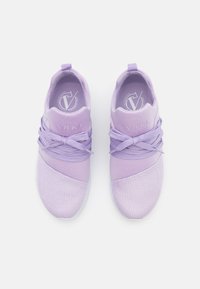Purple sneakers with a textured mesh and smooth material, featuring a rounded toe, lace-up design, and logo on the tongue.