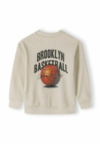 Felpa beige con scollatura tonda, caratterizzata dal testo "BROOKLYN BASKETBALL" e da una grande grafica di un pallone da basket sul retro. Polsini e orlo a coste.