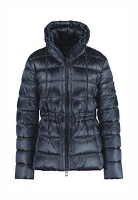 Chaqueta de puffer azul marino con diseño acolchado, textura acolchada, capucha con cordón ajustable y cierre frontal de cremallera con cintura elástica.