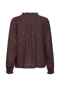 Blouse marron foncé manches longues avec un motif paisley subtil, col montant froncé et poignets élastiqués à volants, vue de dos.