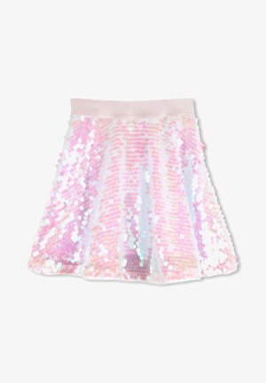 Korte, uitlopende rok met roze pailletten en iriserende effecten. Elastische tailleband van een zachte, lichtroze stof.