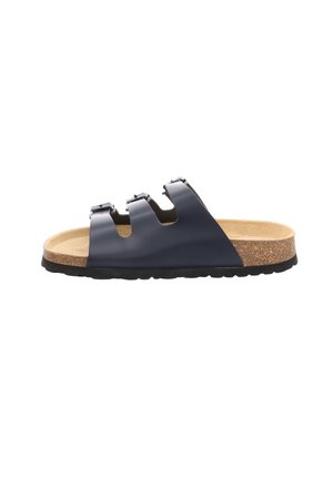 Navy blue slide sandal with three adjustable straps, cork footbed, and black rubber sole. Smooth plastic upper with a matte finish.
