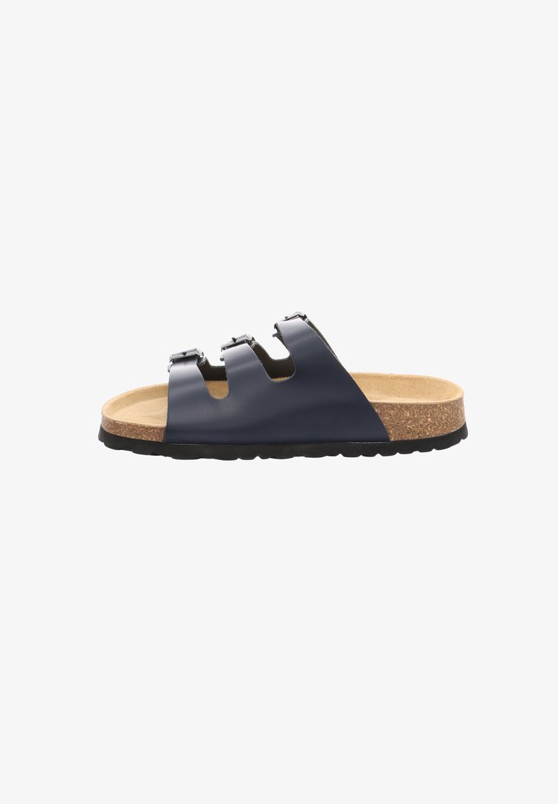 Marineblaue Slidesandale mit drei verstellbaren Riemen, Korkfußbett und schwarzer Gummisohle. Glattes Kunststoffobermaterial mit mattem Finish.