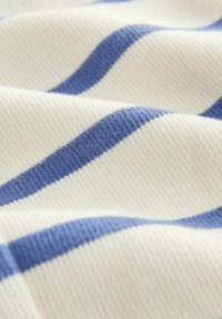 Tissu blanc doux à surface texturée présentant des rayures horizontales bleues parallèles, montré en gros plan avec des plis délicats.