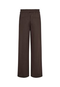 Pantalon marron à jambes larges avec taille élastique et deux poches passepoilées à l’arrière, vu de dos sur fond blanc uni.