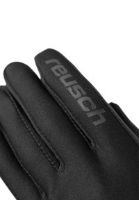Black gloves made from smooth fabric, featuring a snug fit and embossed logo on the wrist area. Designed for warmth and flexibility.