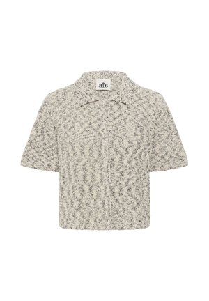 Short-sleeve textured knit cardigan with pearl buttons, wide collar, and a beige and gray mixed pattern.