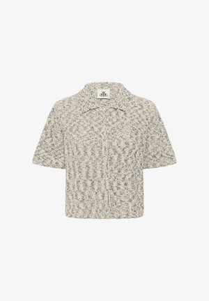 Short-sleeve textured knit cardigan with pearl buttons, wide collar, and a beige and gray mixed pattern.