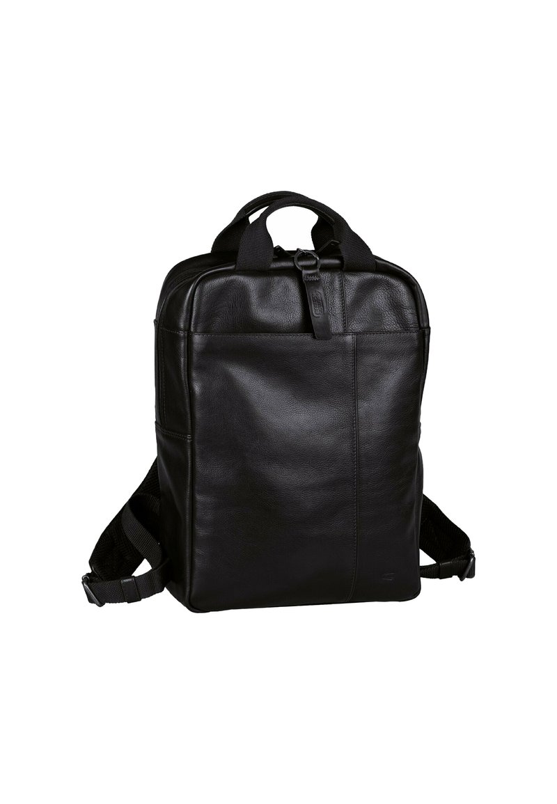 Zaino in pelle nera con manici doppi, spallacci regolabili, texture liscia, forma rettangolare e dettagli del logo discreti.