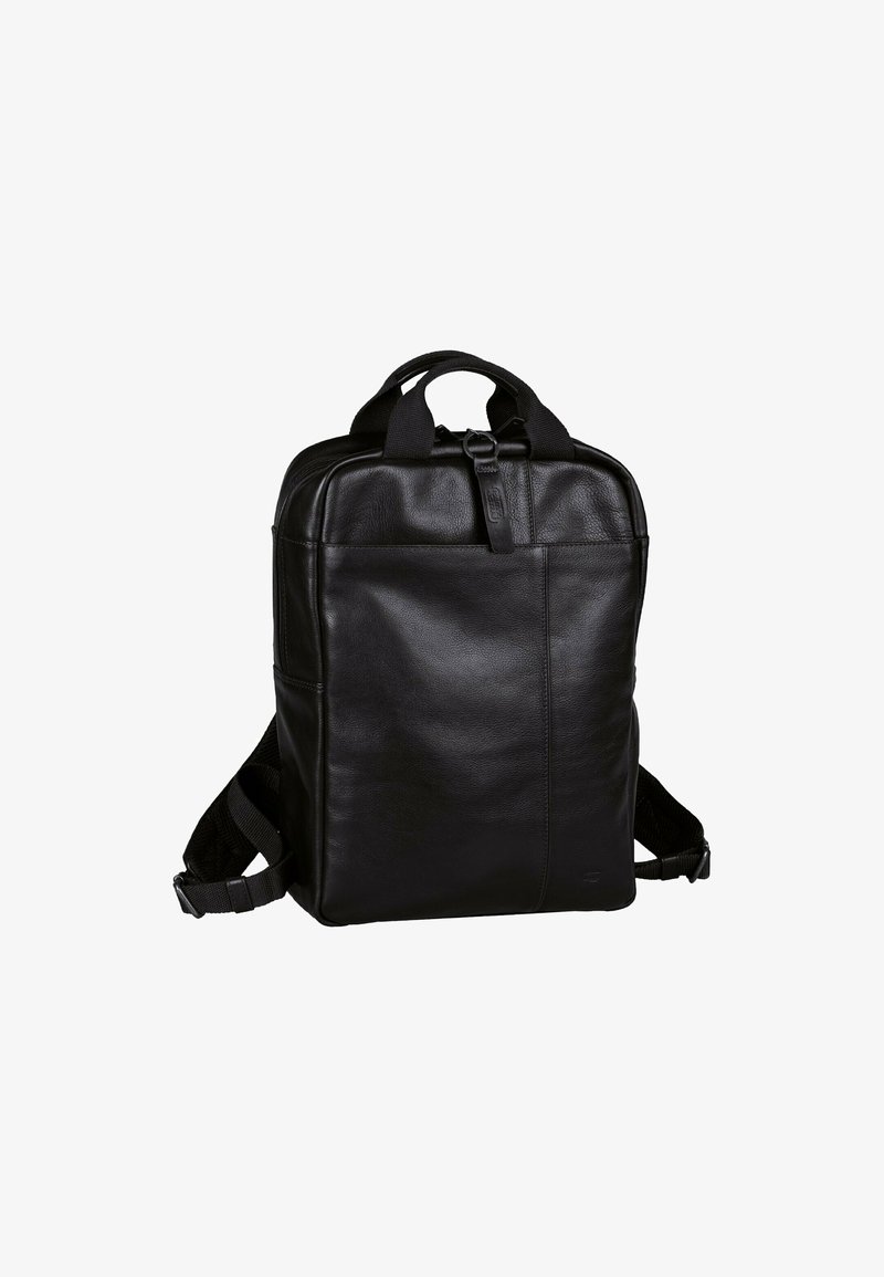 Zaino in pelle nera con manici doppi, spallacci regolabili, texture liscia, forma rettangolare e dettagli del logo discreti.
