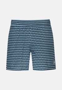 Shorts de bain à motif de palmiers bleus et noirs, avec une taille élastique et une coupe décontractée. Fabriqués en matière légère et à séchage rapide.