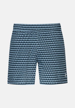 Shorts de bain à motif de palmiers bleus et noirs, avec une taille élastique et une coupe décontractée. Fabriqués en matière légère et à séchage rapide.