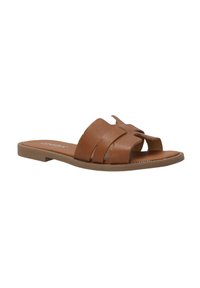 Braune Leder-Sandalen mit zwei breiten Riemen und Ausschnitten sowie einer flachen Gummisohle. Weiche Textur und lässiges Design.