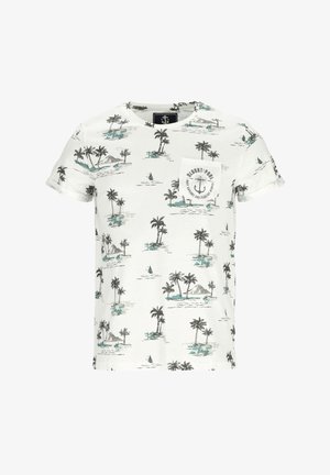 Hvid T-shirt med korte ærmer, der har et tropisk print af palmetræer og sejlbåd, med en lille brystlomme og lysegrønne detaljer.