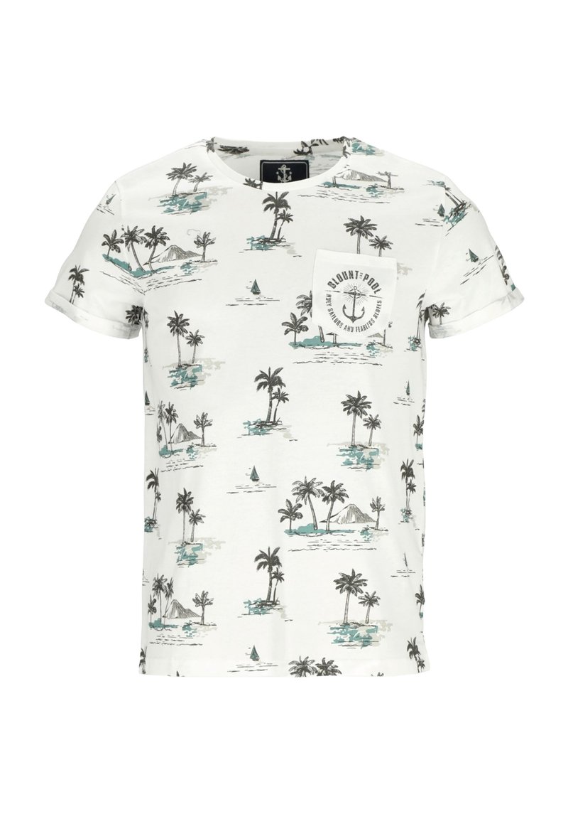 Kortärmad vit t-shirt med ett tryck av tropiska palmträd och segelbåt, med en liten bröstficka och ljusgröna accenter.