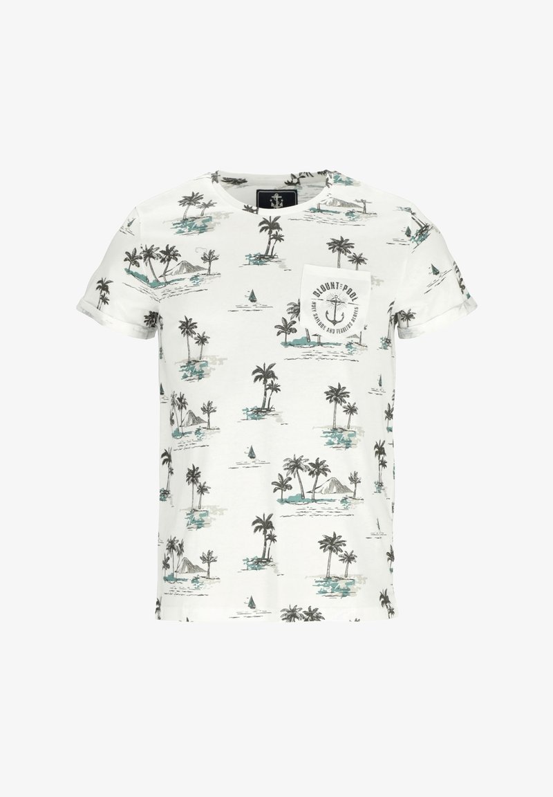Kortärmad vit t-shirt med ett tryck av tropiska palmträd och segelbåt, med en liten bröstficka och ljusgröna accenter.
