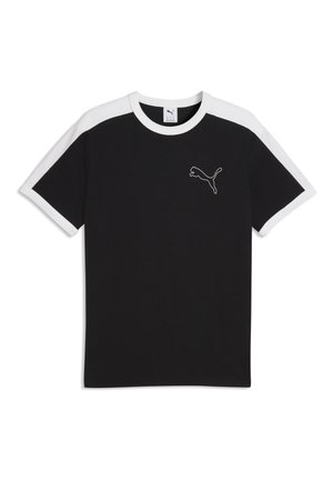 T-shirt noir à manches courtes avec liseré blanc aux épaules et aux manches, logo Puma blanc sur la poitrine gauche, présenté à plat sur fond blanc.