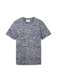 Short-sleeve t-shirt in navy and gray mottled fabric, featuring a round neckline and a relaxed fit. Soft texture, subtle pattern.