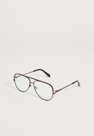 Metallgerahmte rechteckige Brille mit dunkelbraunen Rändern und schwarzen Bügelenden, liegend auf einer weißen Oberfläche.