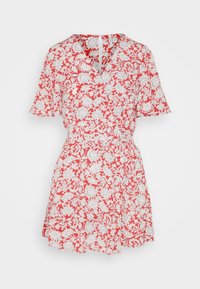 Rode bloemen korte jurk met witte botanische patronen, v-hals, korte mouwen, strik taille en uitlopende rok. Lichte stof met een gestructureerde afwerking.