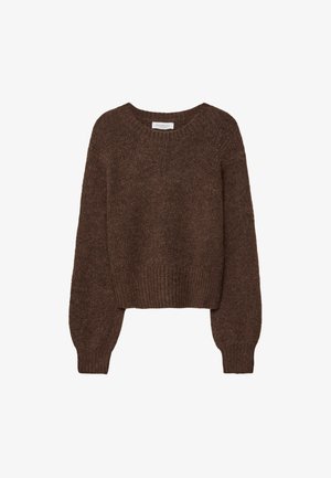 Maglione marrone lavorato a maglia con scollo rotondo, design cropped, maniche lunghe e polsini e orlo a coste. Texture morbida senza motivi.