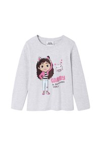 Light gray long-sleeve shirt featuring a cartoon character with curly hair, wearing a pink jacket and striped top. Text reads "GABBY be awesome today."