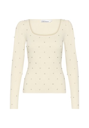 Top a maniche lunghe a coste in crema chiaro, con scollo quadrato e decorazioni argentate sparse su tutta la stoffa.