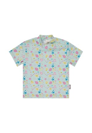 Children's short-sleeve rash guard with blue, pink, and yellow seashell and starfish pattern on light blue fabric.