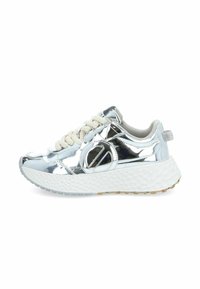 Silver metallic sneaker with a textured white midsole, round toe, cream laces, and a side logo accent. Smooth upper surface.