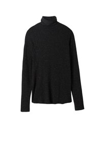 Black turtleneck sweater made of textured fabric with long sleeves and a loose fit, featuring subtle flecks of color throughout.