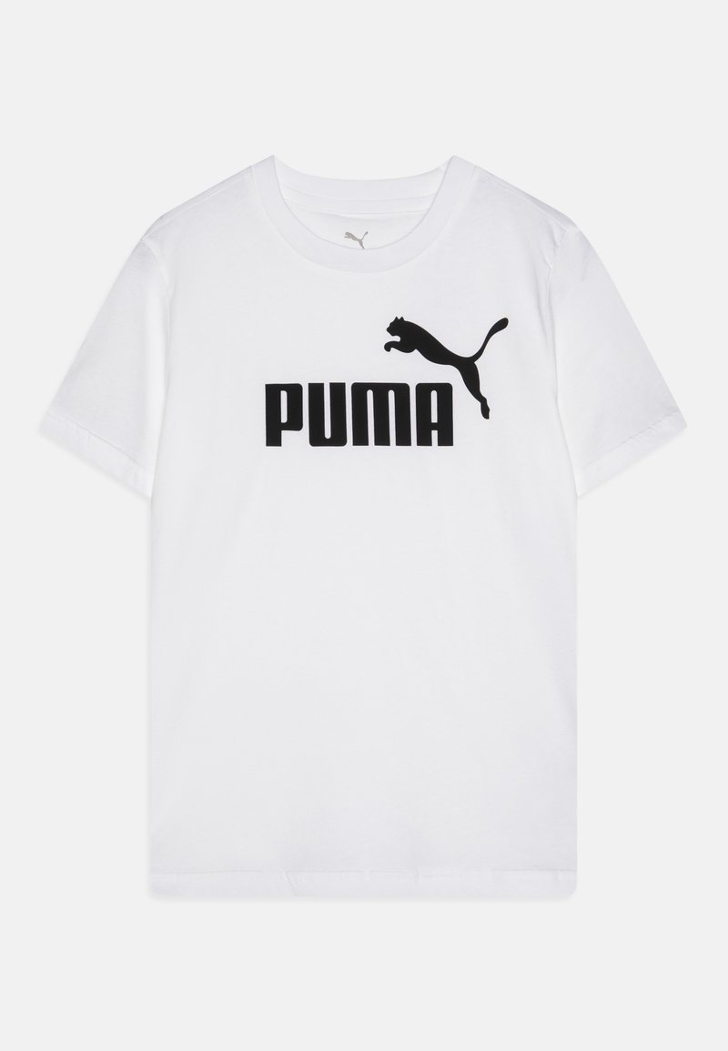 White cotton t-shirt featuring a black "PUMA" logo and leaping puma graphic on the front. Short sleeves and a crew neck design.