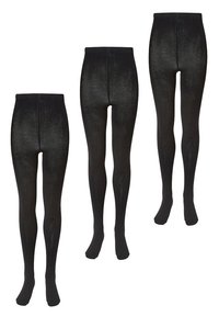 Trois paires de collants opaques noirs présentées à la verticale, montrant différentes tailles allant de petite à grande.