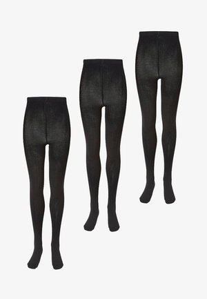 Három pár fekete átlátszatlan harisnyanadrág állítva, különböző méretekkel, a kicsitől a nagyig.