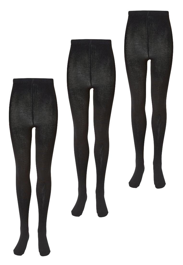 Trois paires de collants opaques noirs présentées à la verticale, montrant différentes tailles allant de petite à grande.