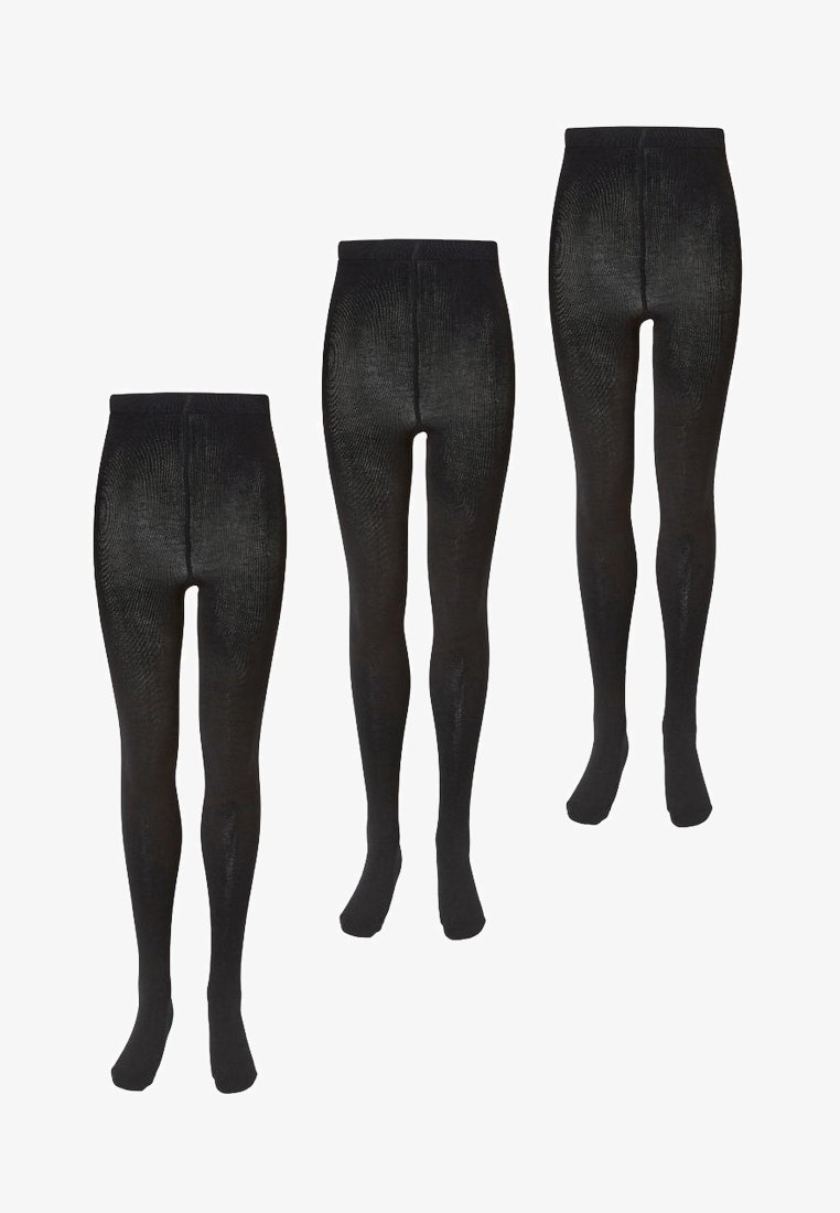 Három pár fekete átlátszatlan harisnyanadrág állítva, különböző méretekkel, a kicsitől a nagyig.