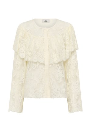 Čipkovaná blúzka v off-white farbe s vrstvenými volánmi, okrúhlym výstrihom a dlhými rukávmi. Jemný kvetinový vzor po celom povrchu. Zapínanie na gombíky.