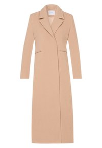 Manteau long en laine beige avec col à revers, manches longues et deux poches latérales fendue, conçu pour les femmes.