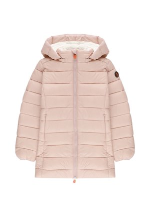 Giacca imbottita rosa chiaro per bambini con cappuccio, cerniera frontale completa, tasche laterali e morbida fodera in pile bianco.