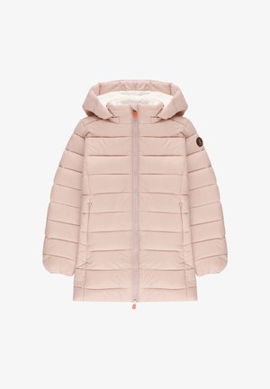 Giacca imbottita rosa chiaro per bambini con cappuccio, cerniera frontale completa, tasche laterali e morbida fodera in pile bianco.