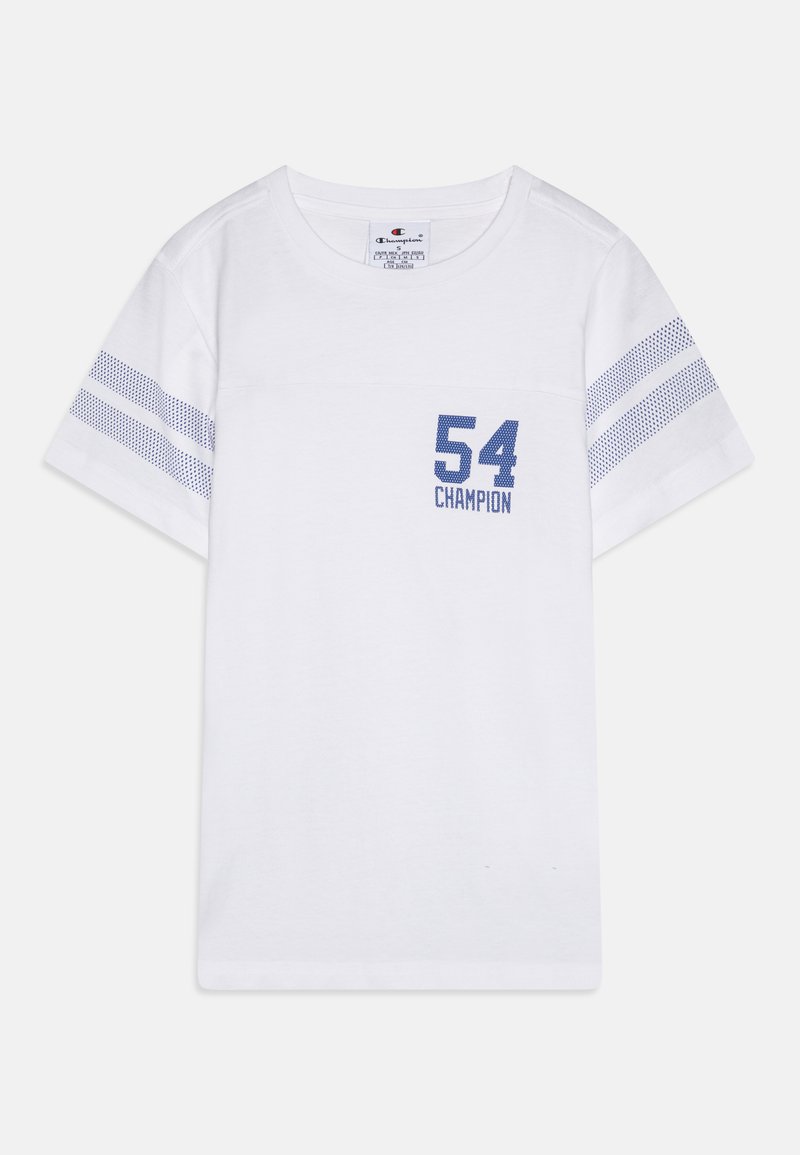 Valge puuvillane t-särk, mille vasakus rindkereosas on sinine "54" ja "CHAMPION" graafika ning sinised triibud perforatsioonidega varrukatel.