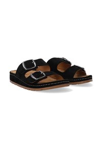 Black suede sandals with two adjustable buckles, featuring a cushioned footbed and textured rubber sole, viewed from an angled perspective.