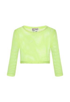 Top scurt din plasă cu mâneci lungi, de culoare galben-verde neon, cu decolteu rotund și etichetă vizibilă a brandului pe interiorul gulerului.