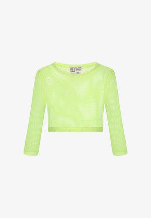 Top scurt din plasă cu mâneci lungi, de culoare galben-verde neon, cu decolteu rotund și etichetă vizibilă a brandului pe interiorul gulerului.