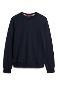 Felpa navy realizzata in morbido cotone misto, presenta maniche lunghe, un collo a giro e un piccolo logo ricamato sul petto. Dettaglio della etichetta rossa.