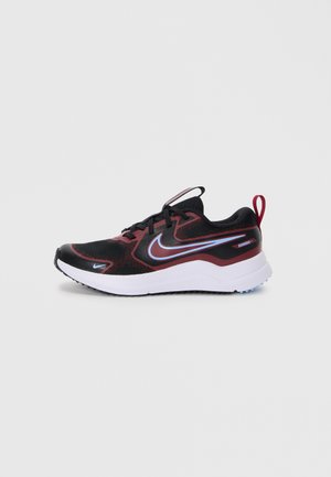 Chaussure de sport noire et rouge avec un dessus en mesh respirant, semelle intermédiaire blanche, accents bleus et logo Nike en sautoir bien visible.